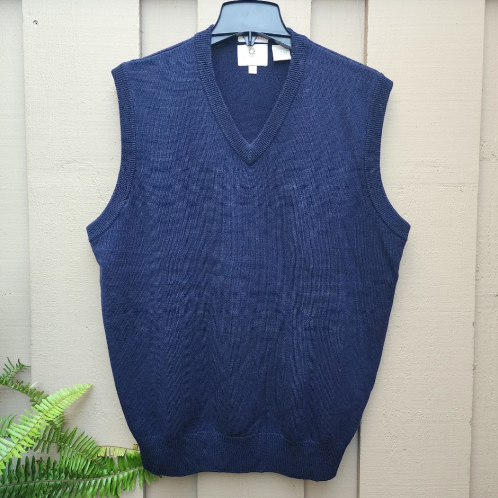 VTG Viyella Patrick James Vest Sweater Knit Merino Wool Mens Med V Navy EUC Golf